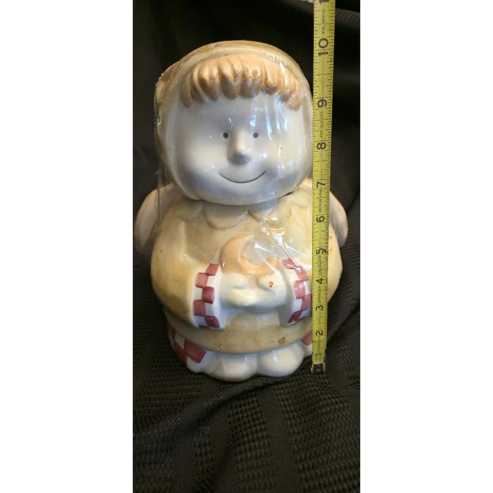 NEW Vintage Design Pac Angel Cookie Jar Beige Red Plaid Heart Wings